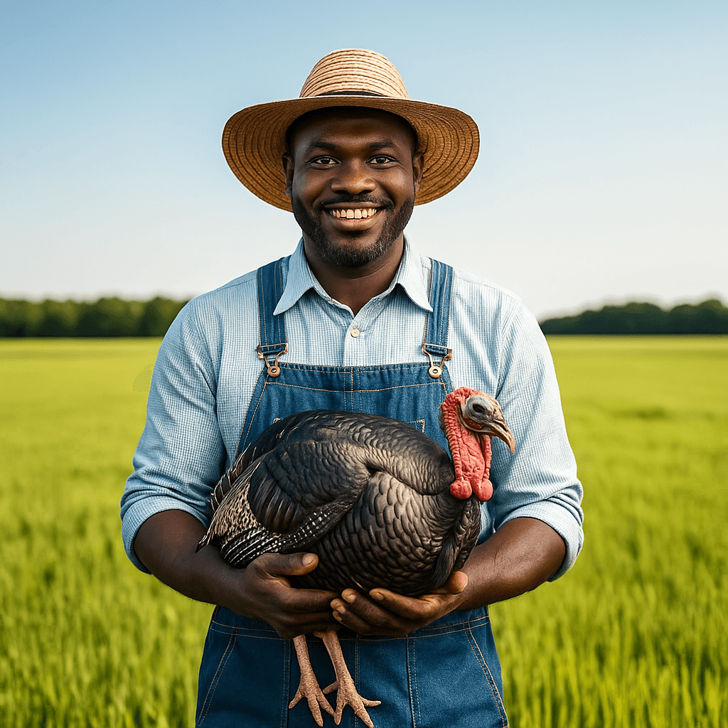 Smiling farmer holding fresh produce in a sunny field
